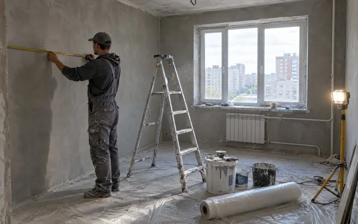 Мастер размечает стену в квартире на ремонте