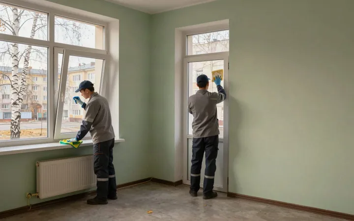 Клинеры моют окна в квартире в Челябинске