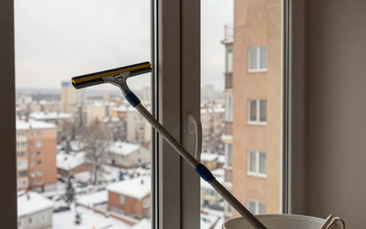 Клинер моет панорамное окно в квартире в Екатеринбурге зимой