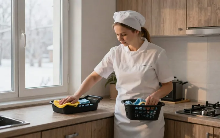 Клинер убирает кухню в омской квартире зимним утром