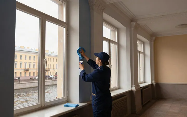 Клинер моет высокое окно в петербургской квартире с лепниной