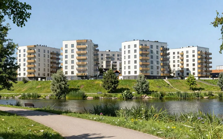 Новый жилой район у озера на окраине Уфы осенью